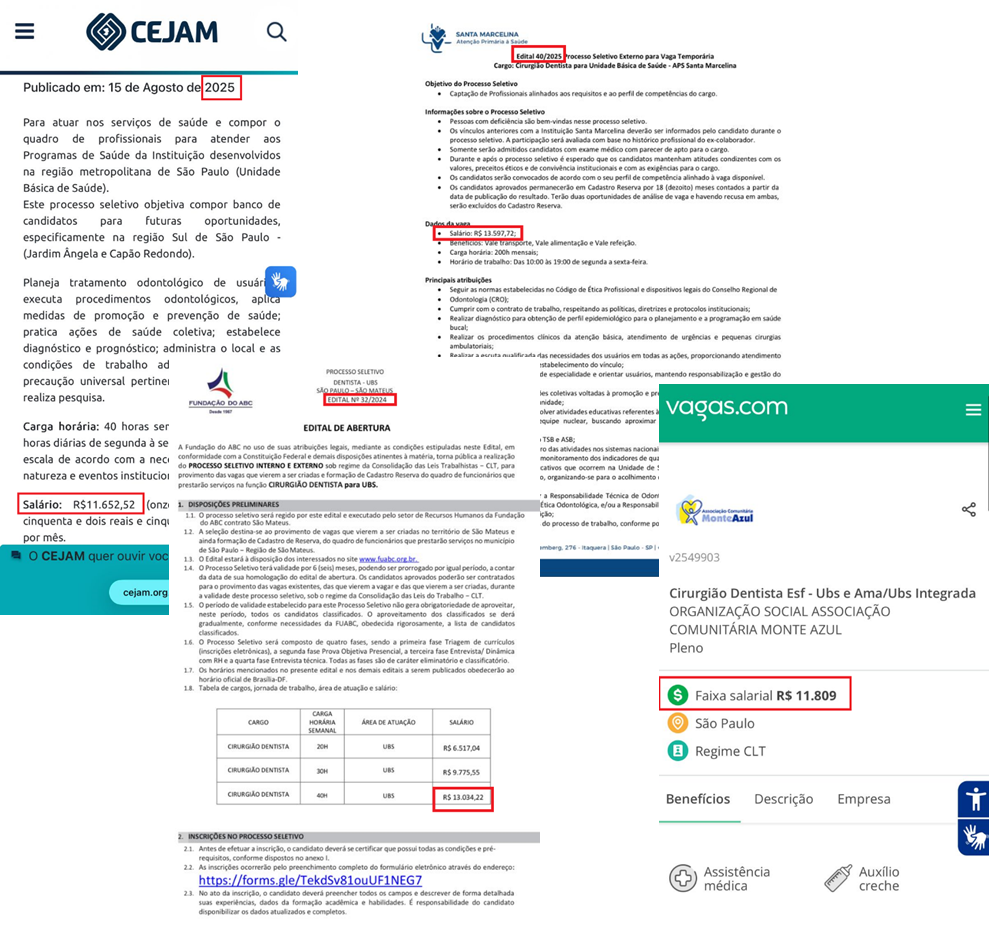Prints de vagas e salários de Cirurgião-Dentista em diferentes processos seletivos